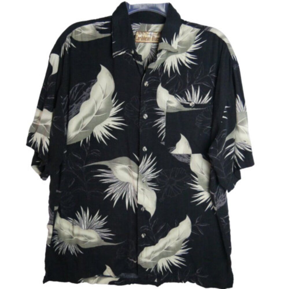 Caribbean Blues Men's Size L Hawaiian Short Sleeve Button Front Black Shirt